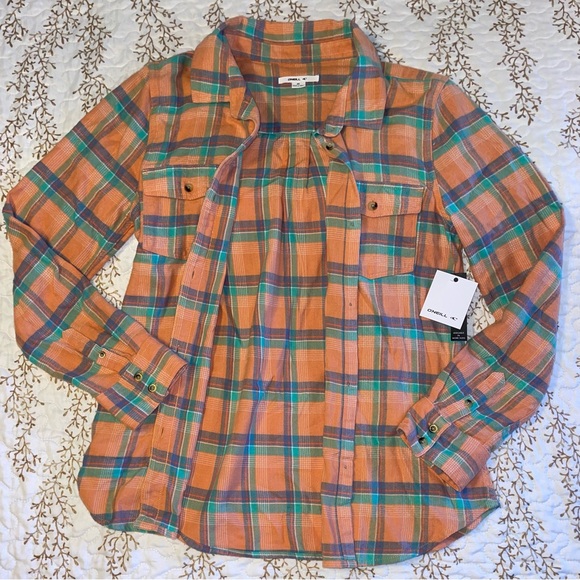 NWT O’Neill NASH FLANNEL TOP shirt peach plaid print soft cotton button up - Picture 8 of 11